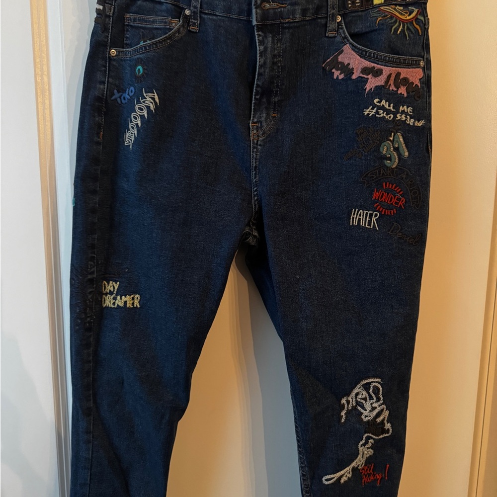 Topshop Women's Embroidered Jeans - Dark Blue